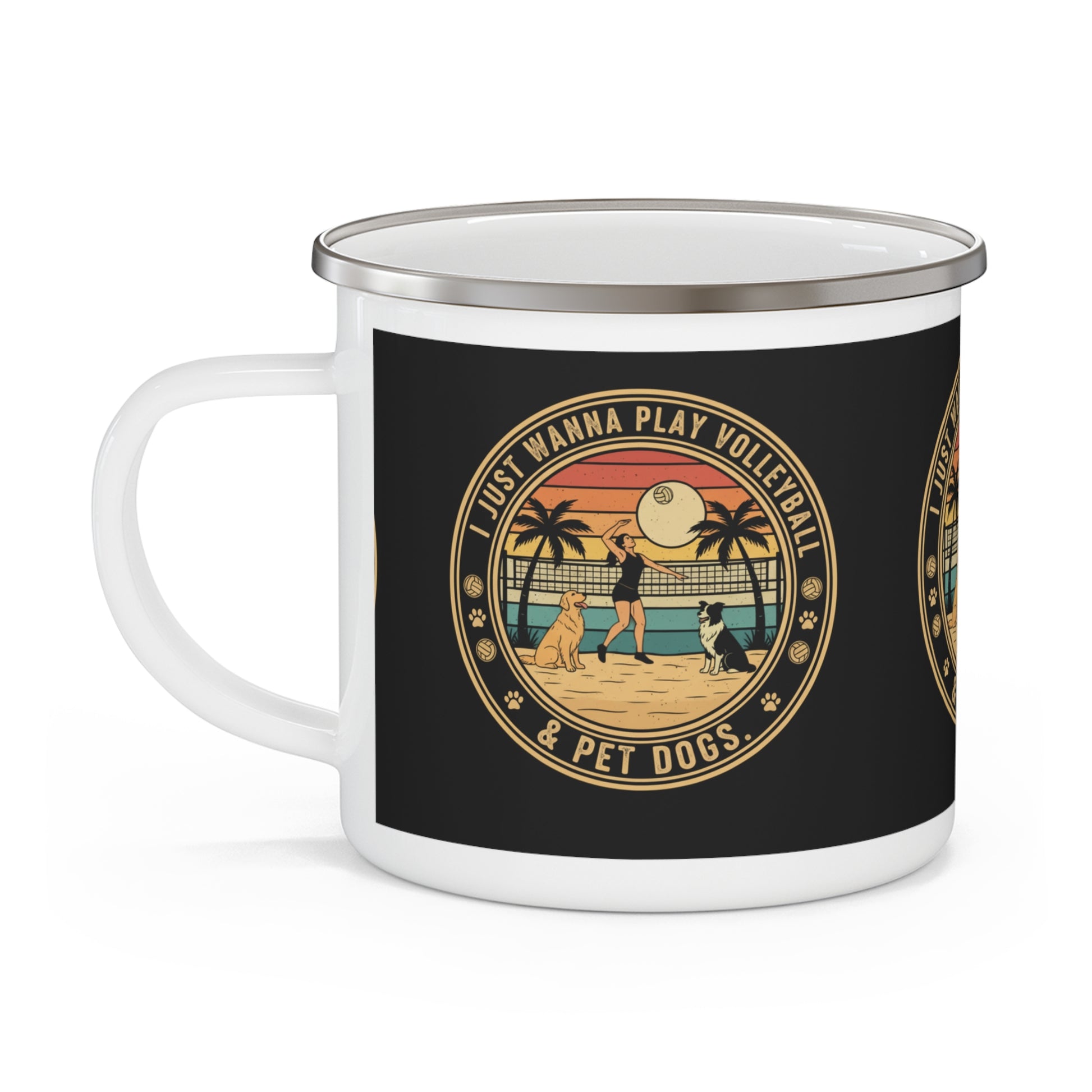 Bold volleyball and dog graphic on mug front.