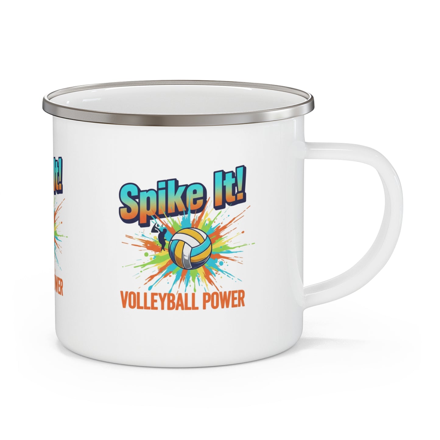 Volleyball enamel camping mug beside coffee beans and ball