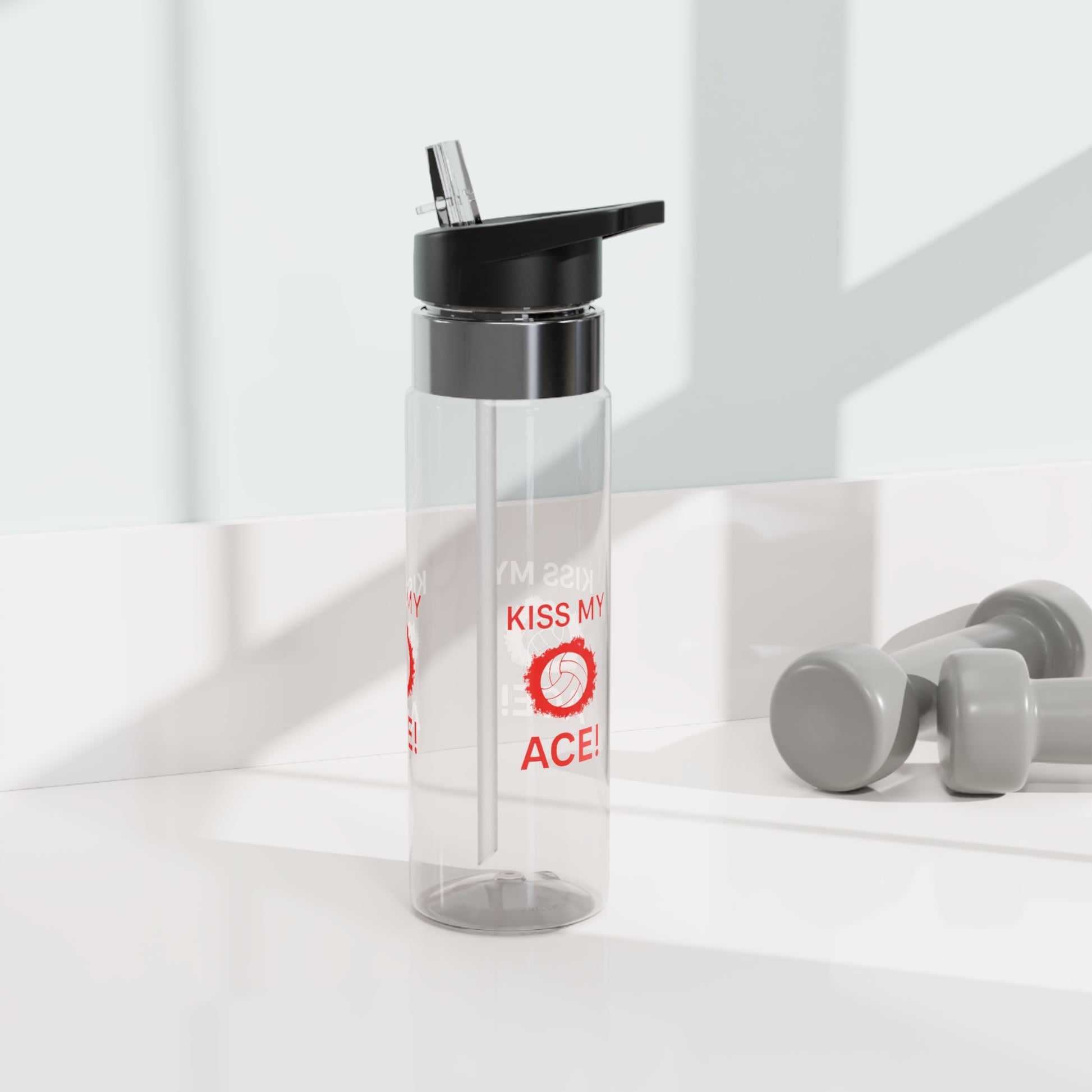 Kiss My Ace volleyball water bottle with bold text design