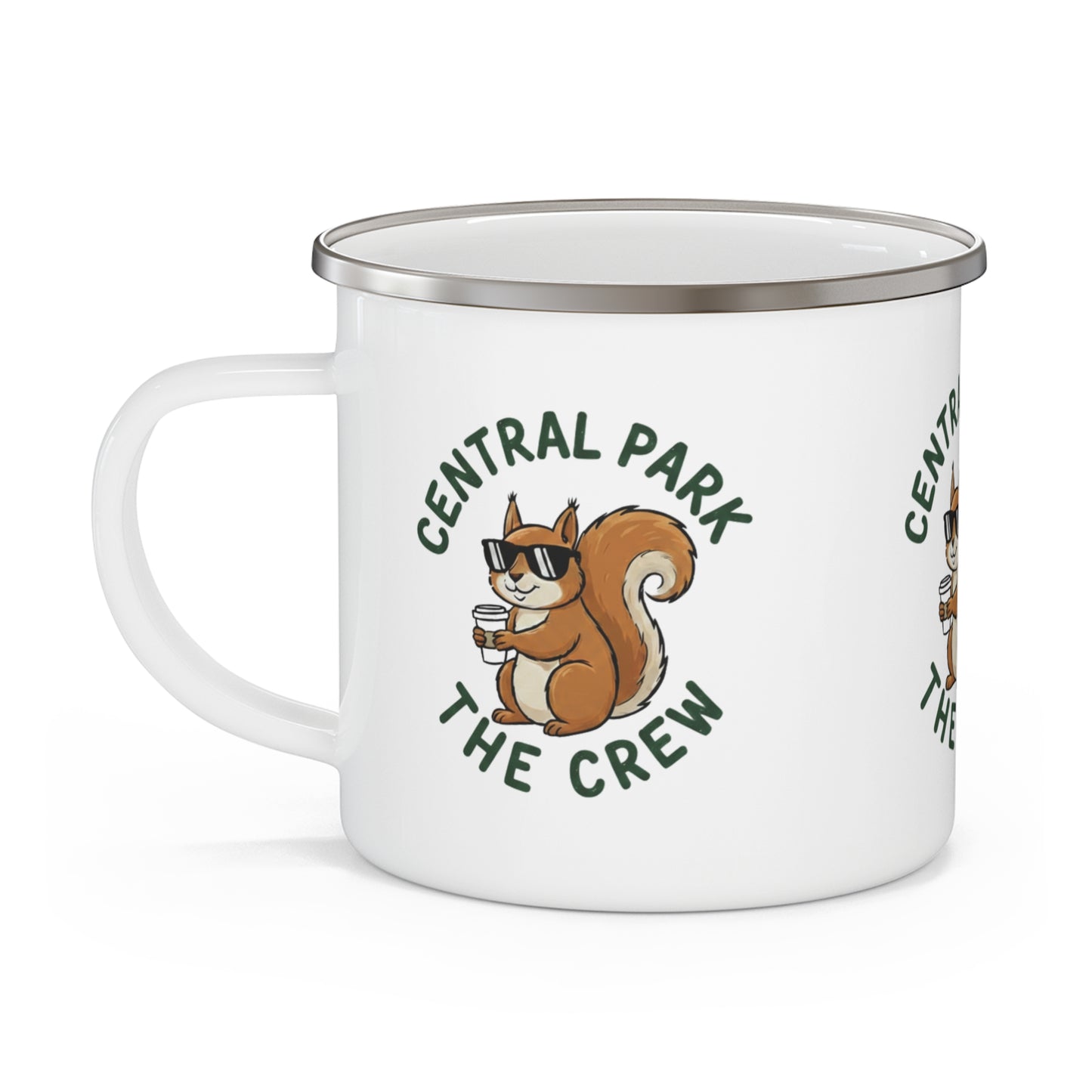 Central Park squirrel mug on a picnic table in outdoor setting.