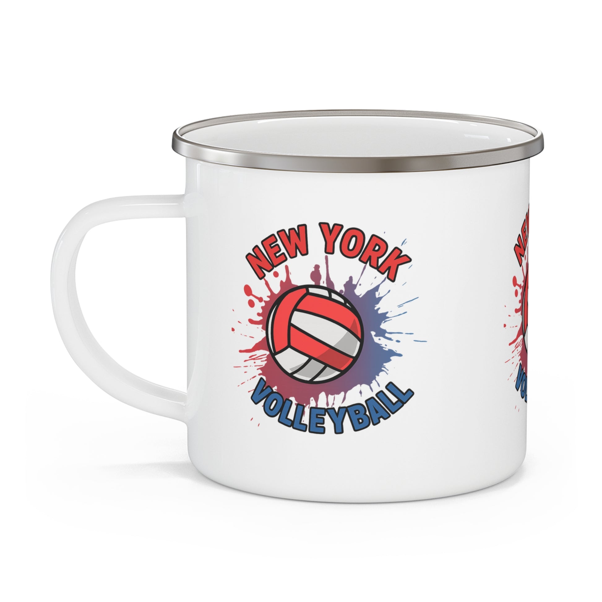 Durable enamel travel cup with volleyball splash artwork