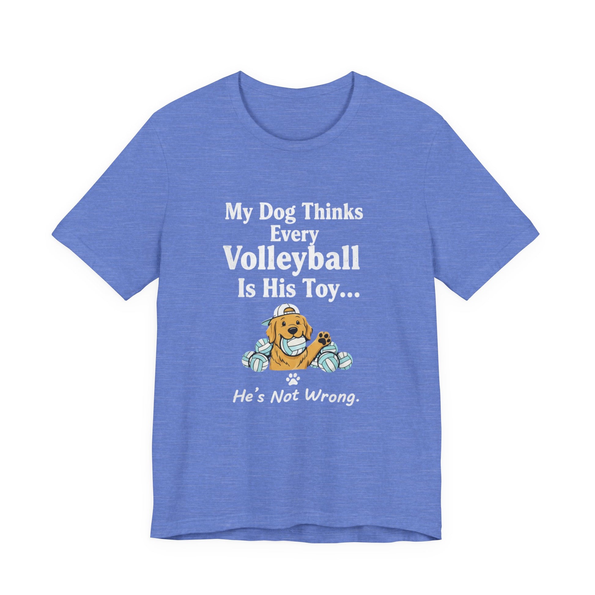 Yellow dog graphic biting volleyball with small-print punchline.