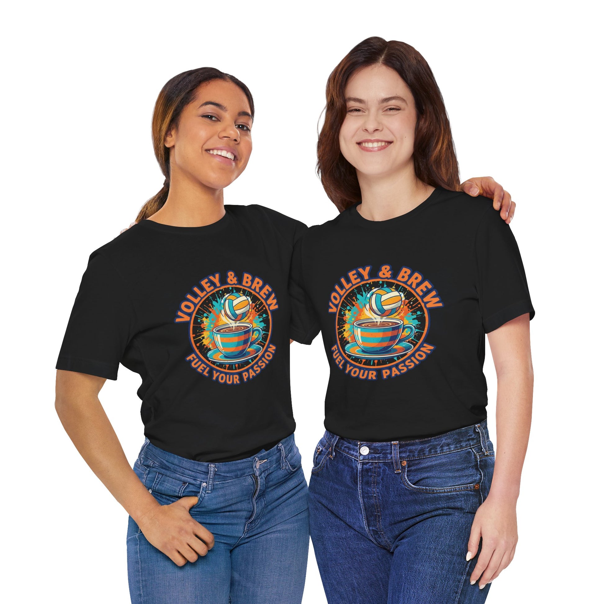 Fuel Your Passion volleyball coffee shirt with bright orange and teal colors