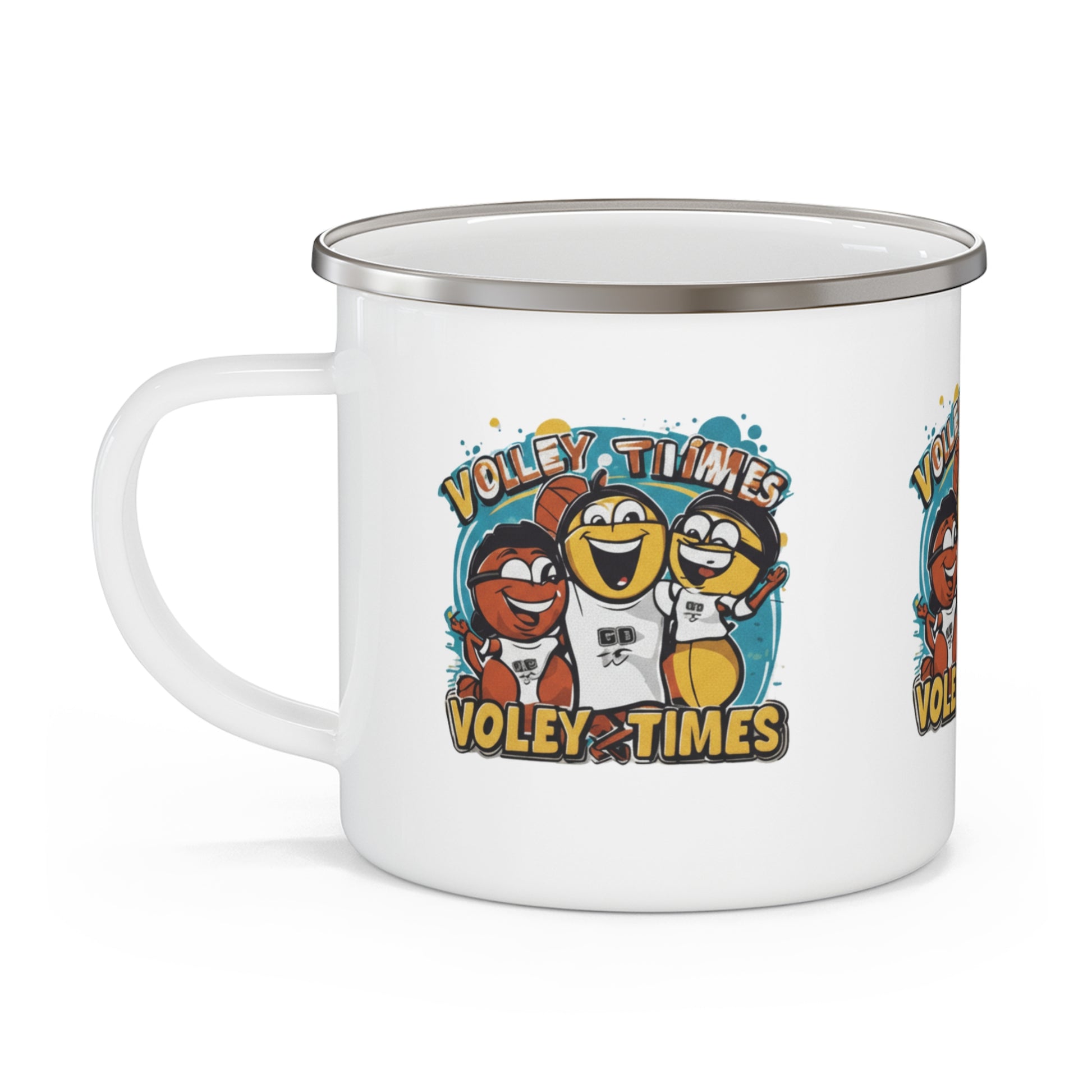 Cartoon volleyball mug with smiling characters