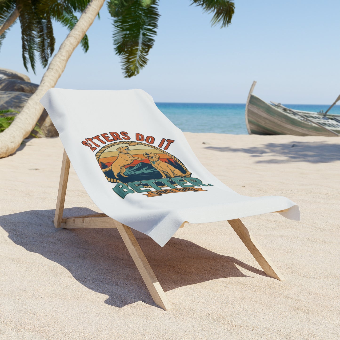 beach towel design featuring bold setter slogan and illustrated yellow dogs