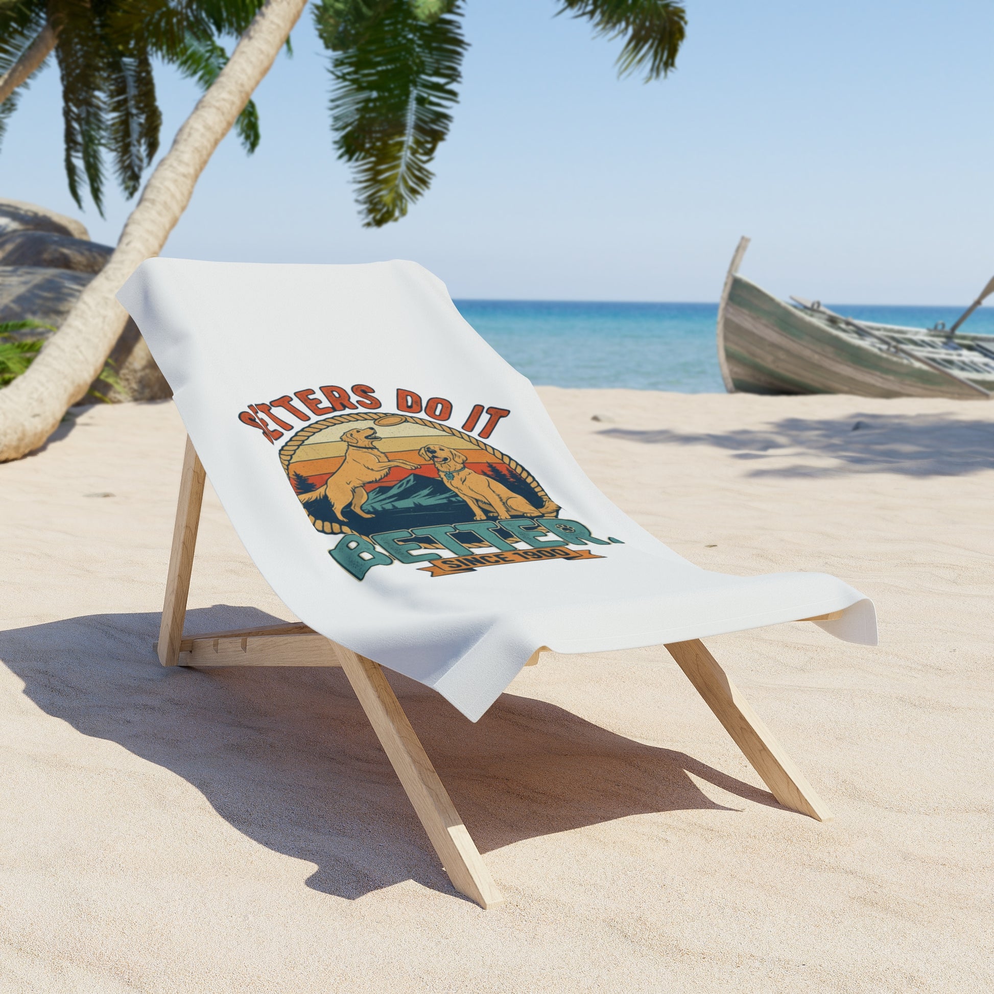 beach towel design featuring bold setter slogan and illustrated yellow dogs