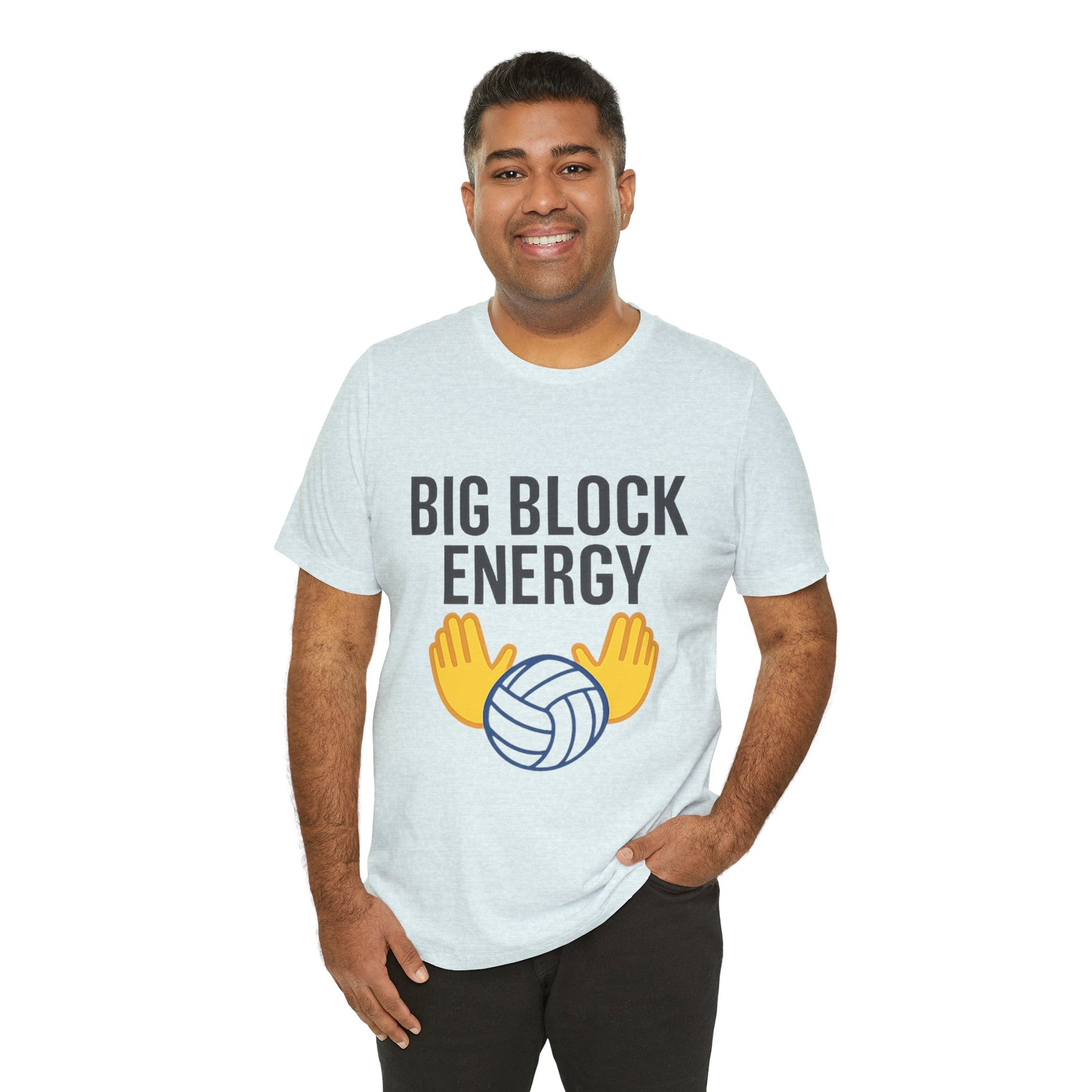 Shirt showing volleyball between two hands in blocking position
