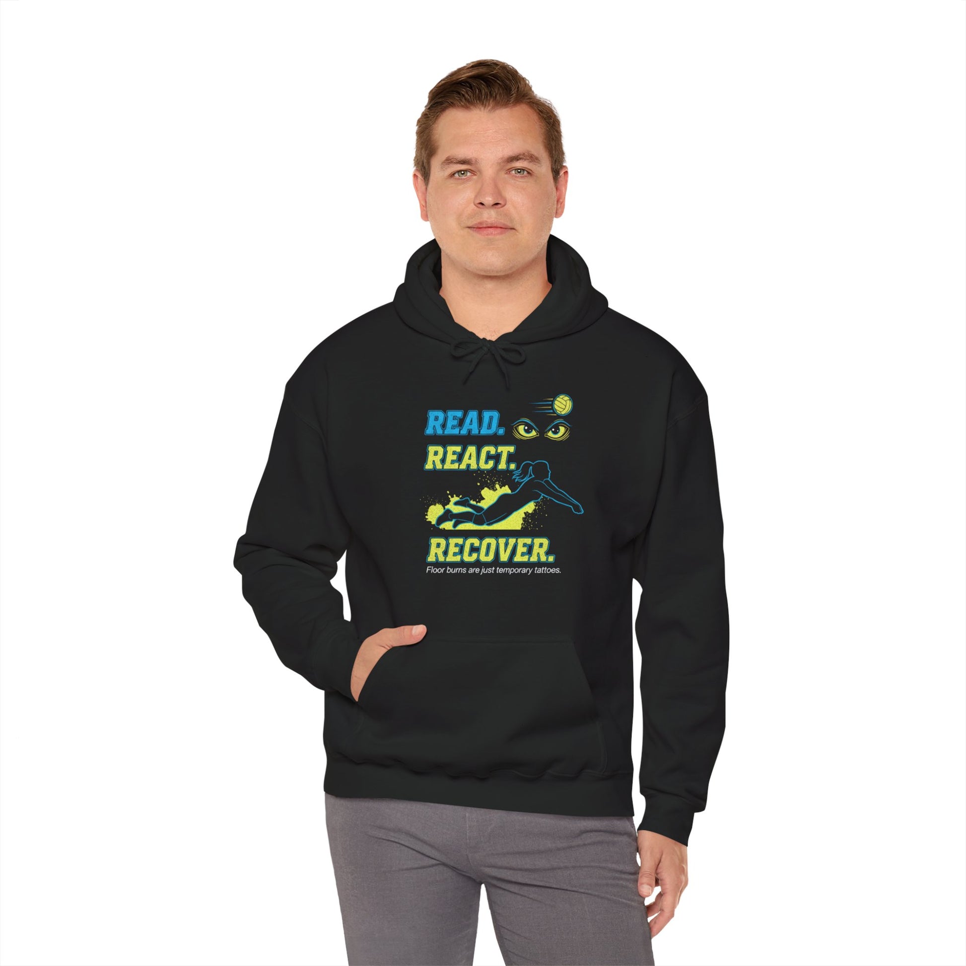 Volleyball reaction and recovery slogan printed hoodie