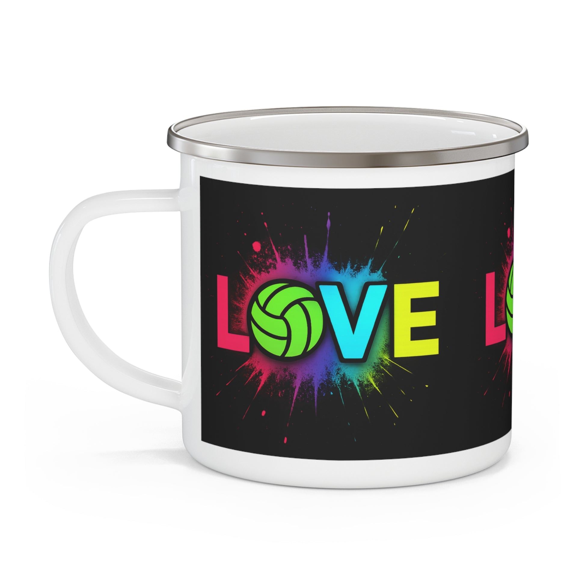 Lightweight enamel mug featuring Love Volleyball neon artwork