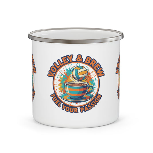 Volleyball Brew enamel mug with coffee and volleyball design