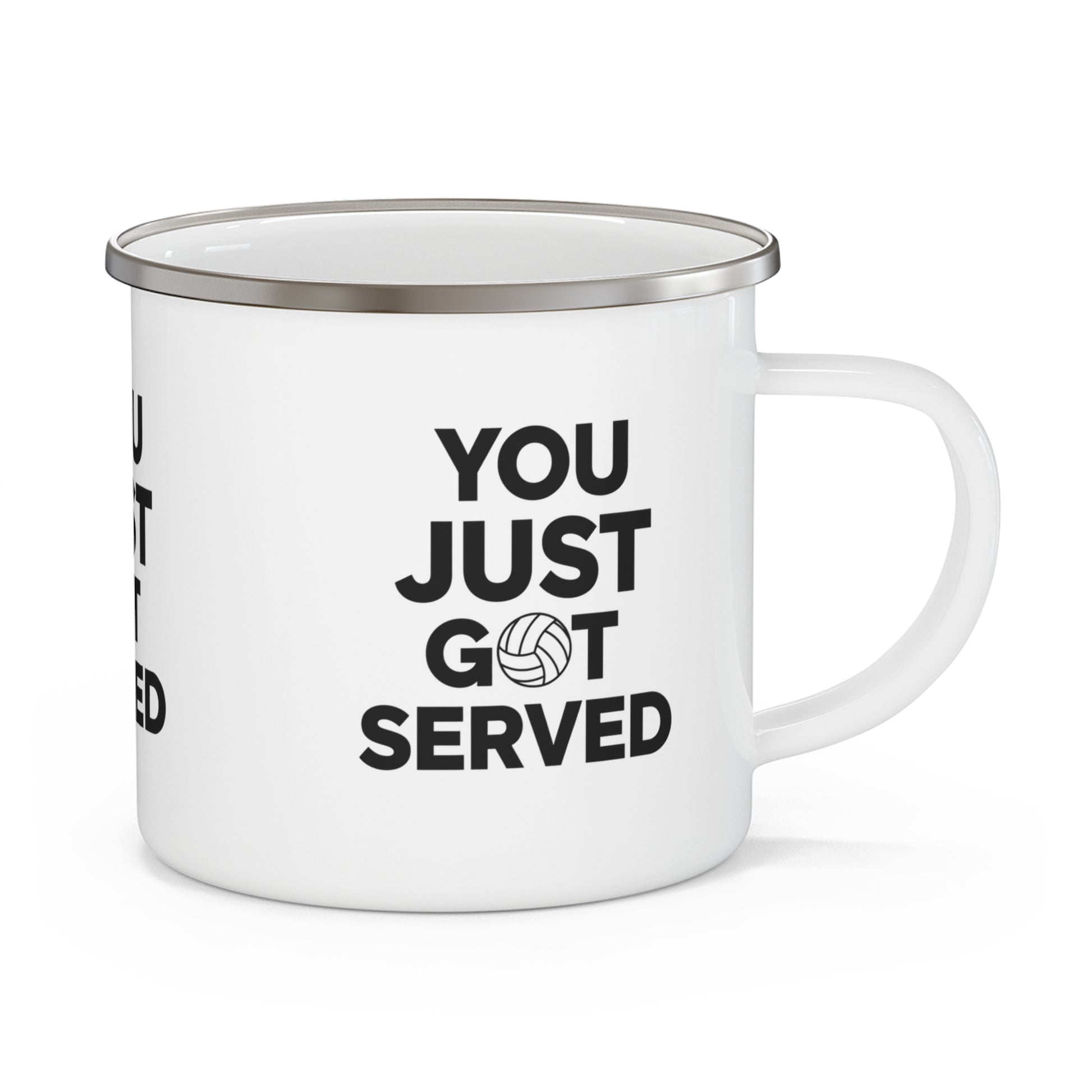 Close-up of volleyball-themed mug with bold typography.