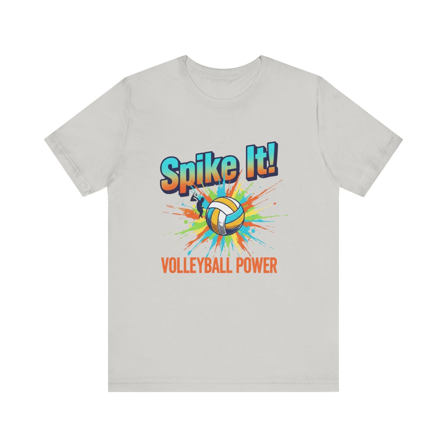 Bright volleyball t-shirt featuring the phrase Spike It Volleyball Power with splatter design
