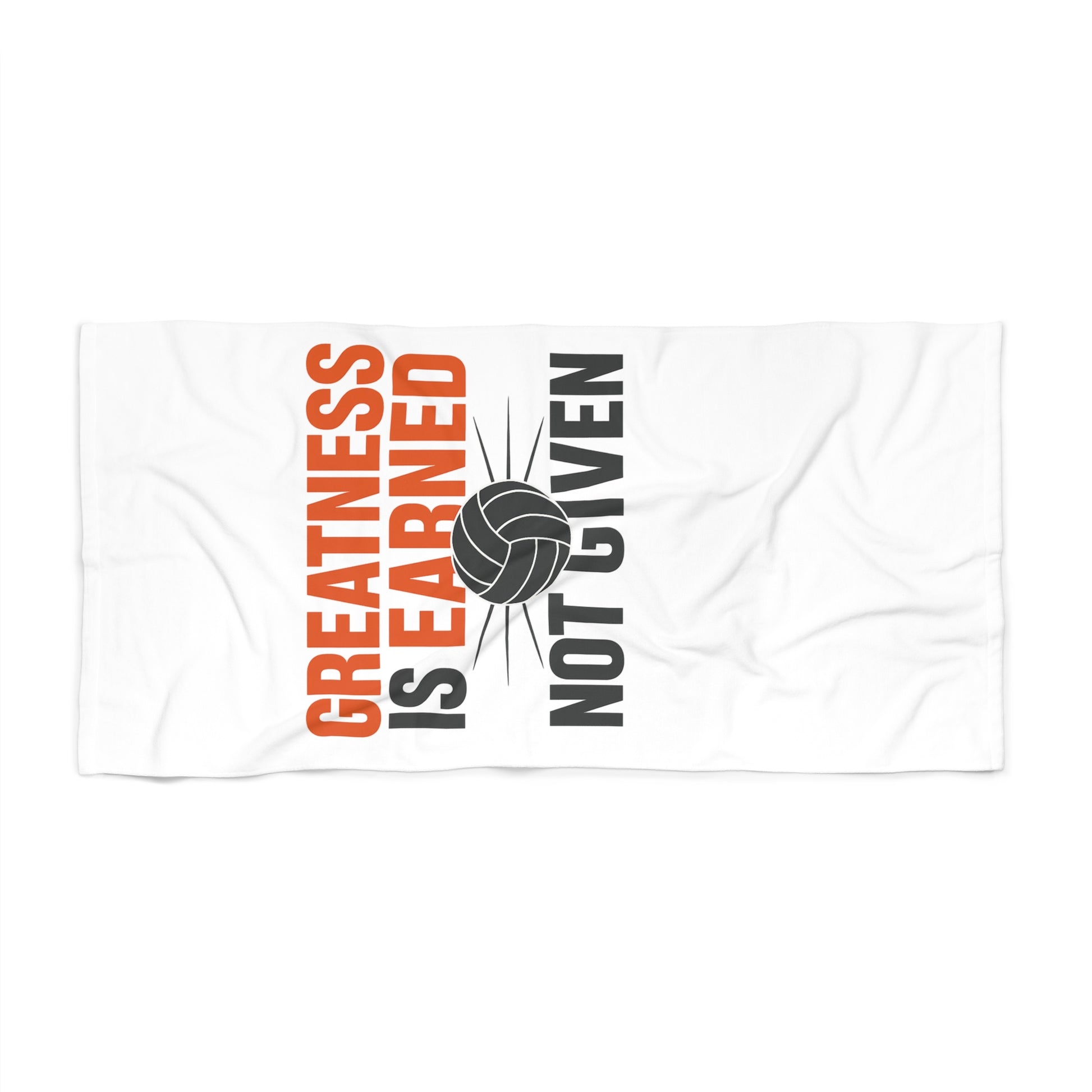 Close-up of Greatness Is Earned Not Given print on volleyball towel
