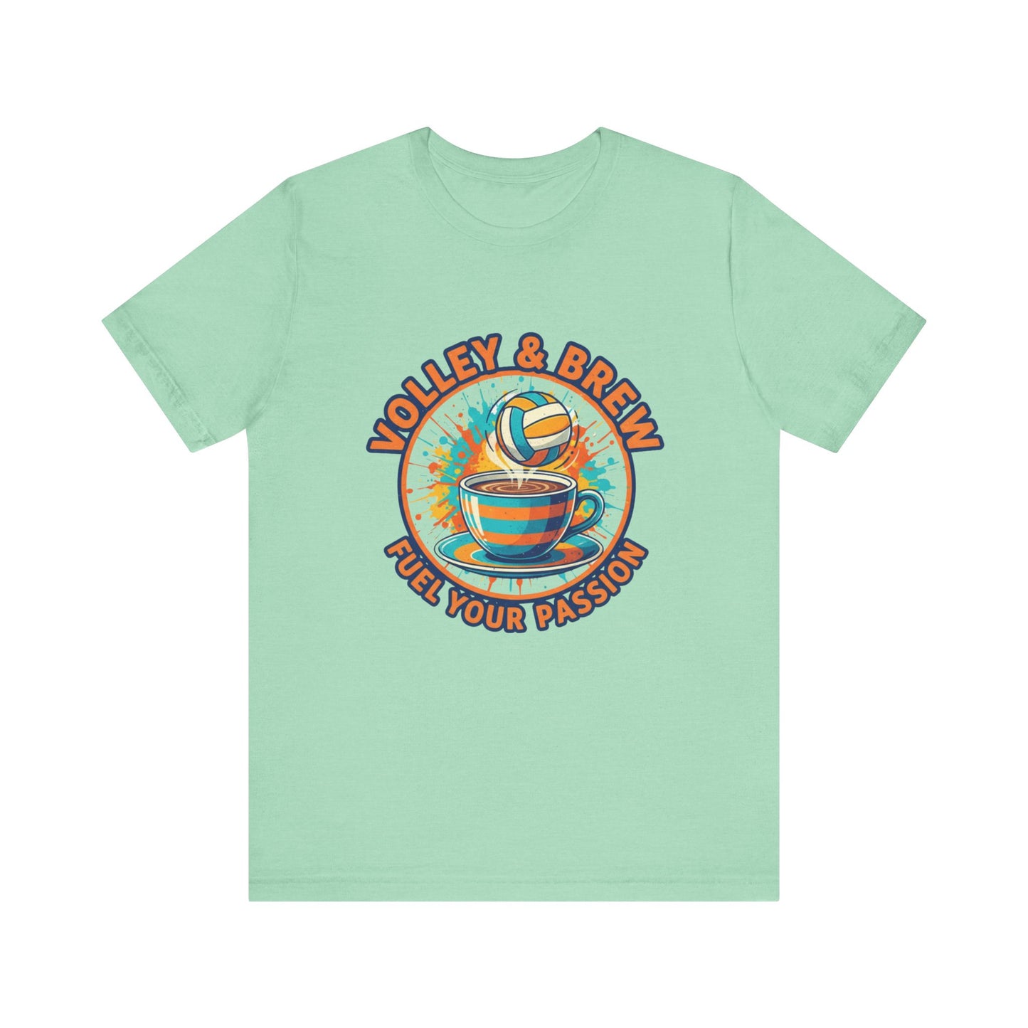 Close-up of colorful volleyball coffee cup design on soft cotton shirt