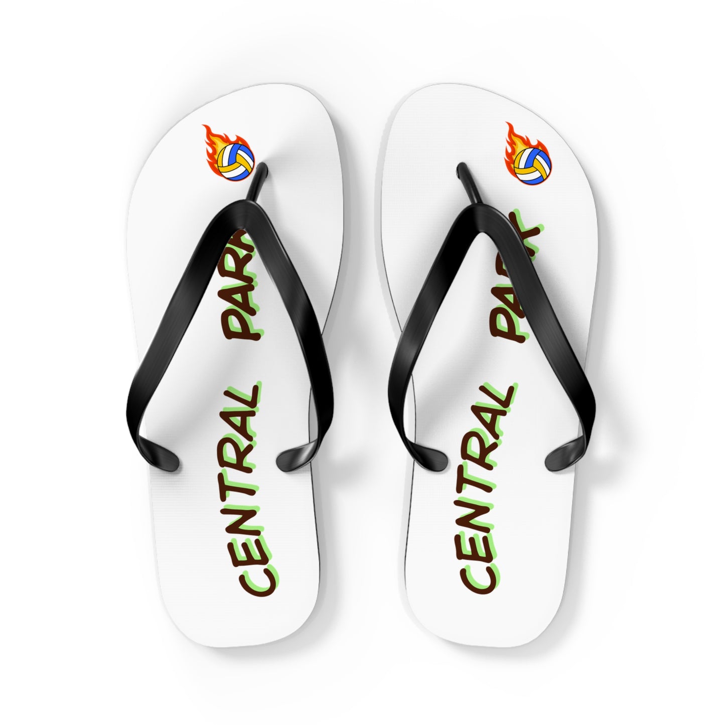 Central Park Volleyball flip flops featuring bold typography