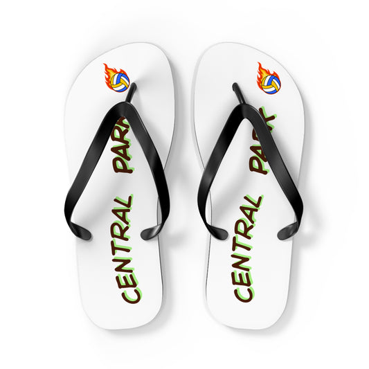 Central Park Volleyball flip flops featuring bold typography