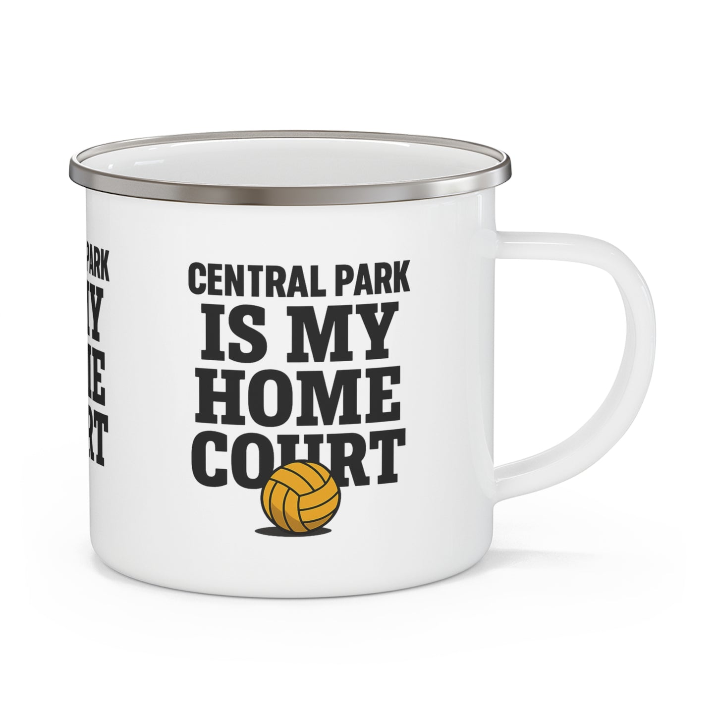 Lightweight enamel camp mug with Central Park text graphic