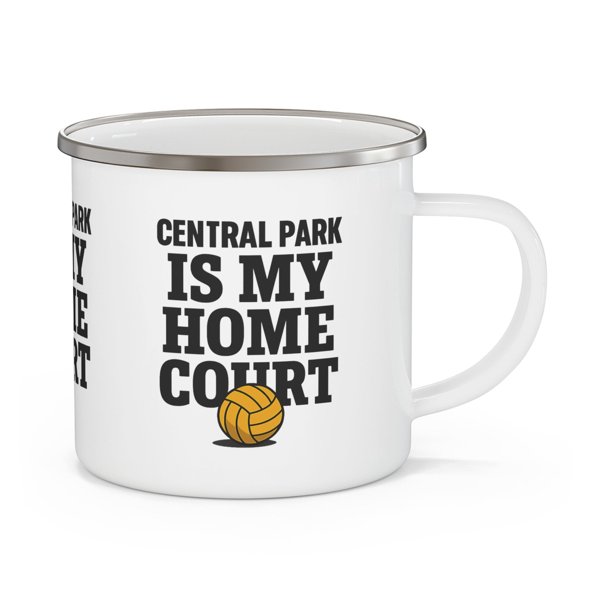 Lightweight enamel camp mug with Central Park text graphic