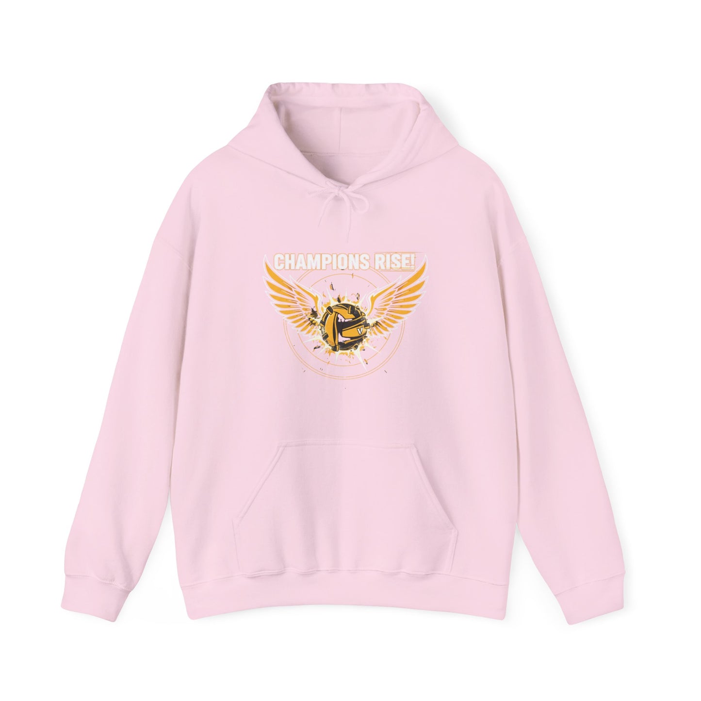 Bold front graphic of winged volleyball and slogan on hoodie