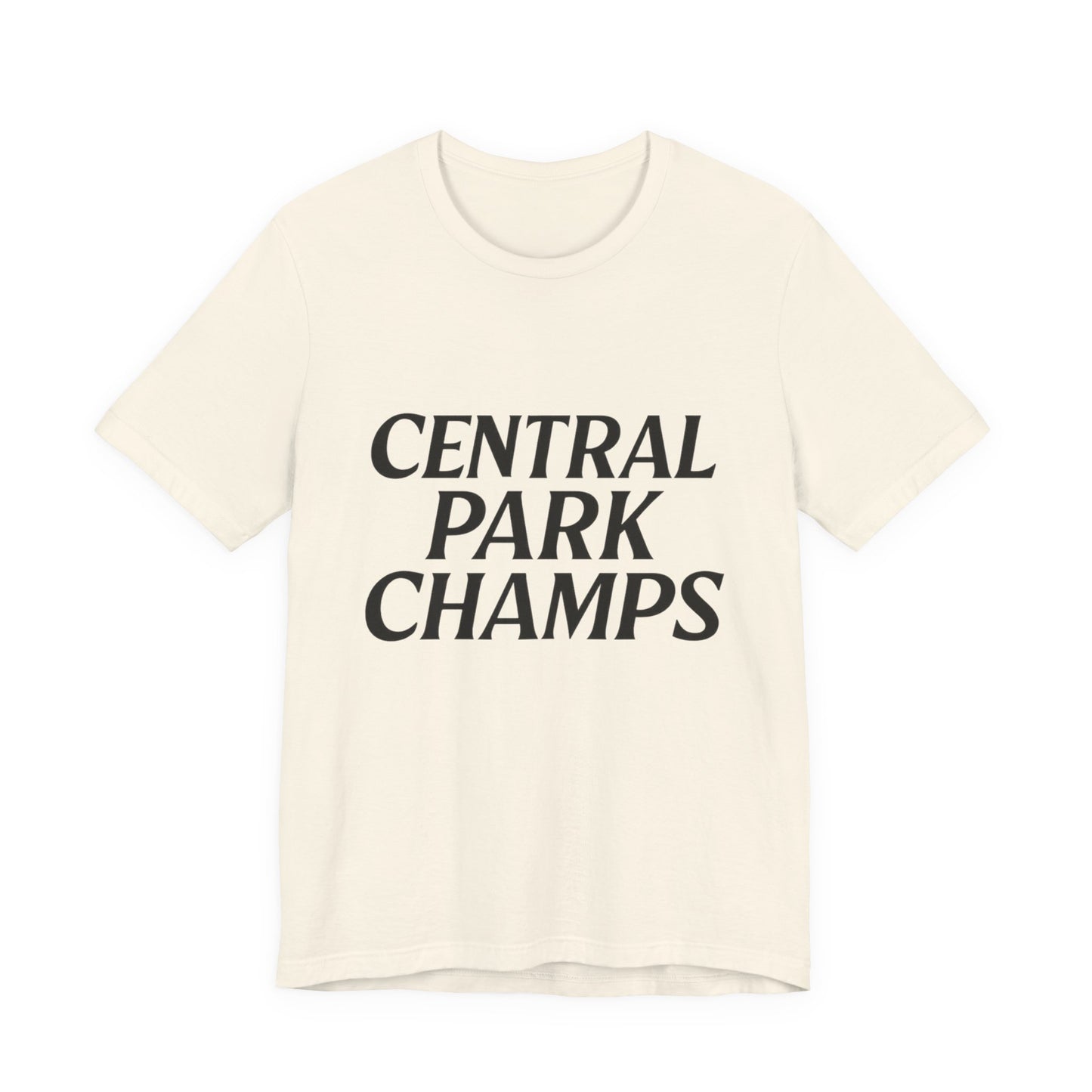Close-up of Central Park Champs print on cotton tee.
