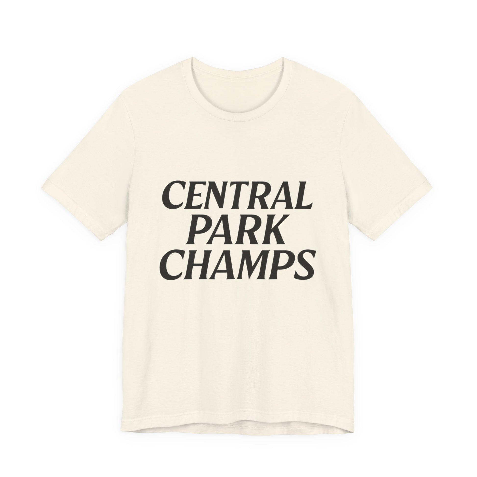 Close-up of Central Park Champs print on cotton tee.
