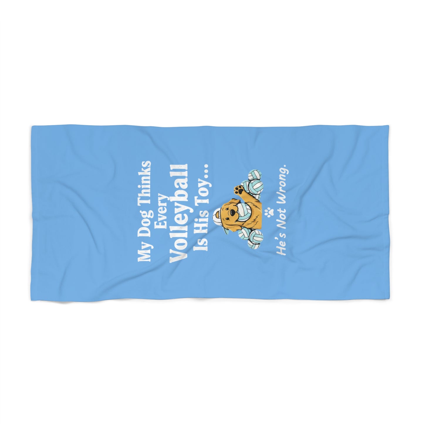 Bright yellow dog and volleyball illustration on towel front.