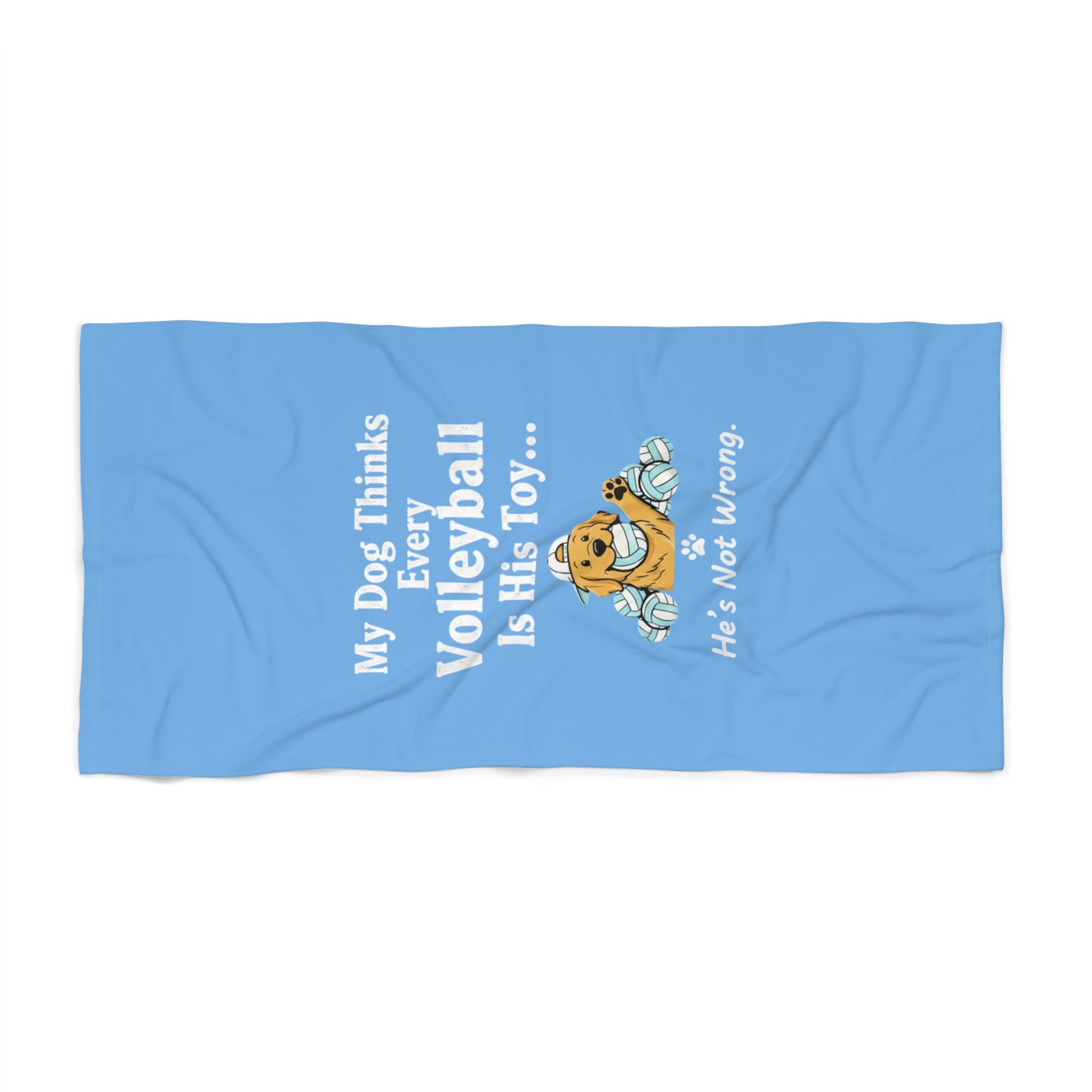 Bright yellow dog and volleyball illustration on towel front.