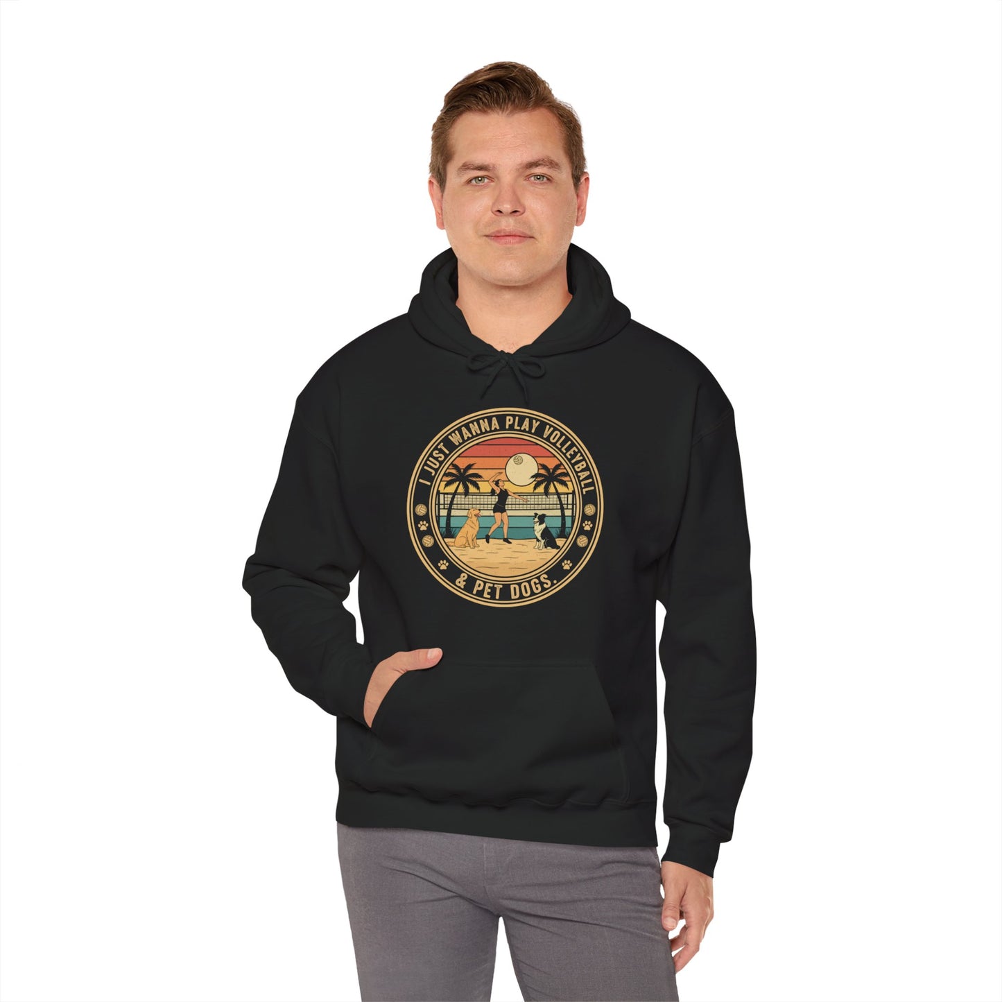 Bold volleyball and dog-themed design printed on hoodie front.