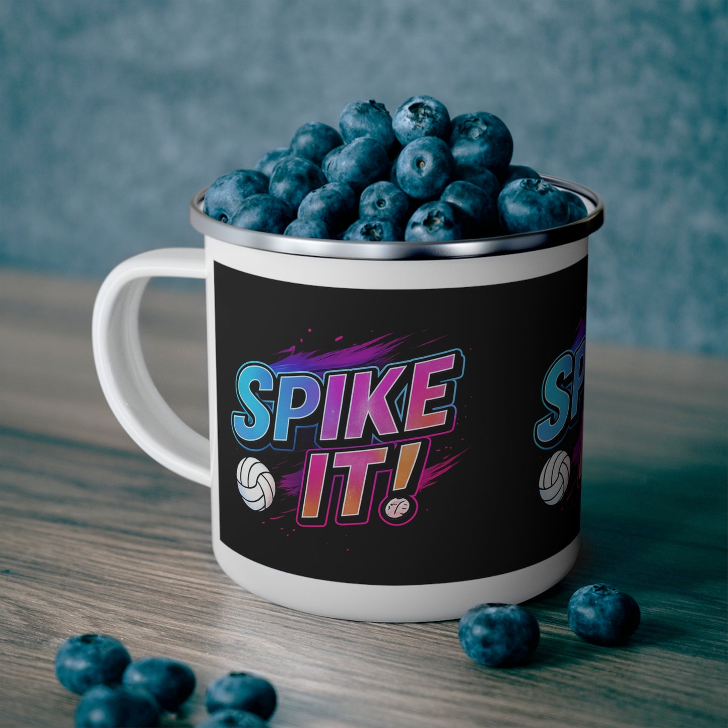 Sporty black enamel drinkware with volleyball-inspired design