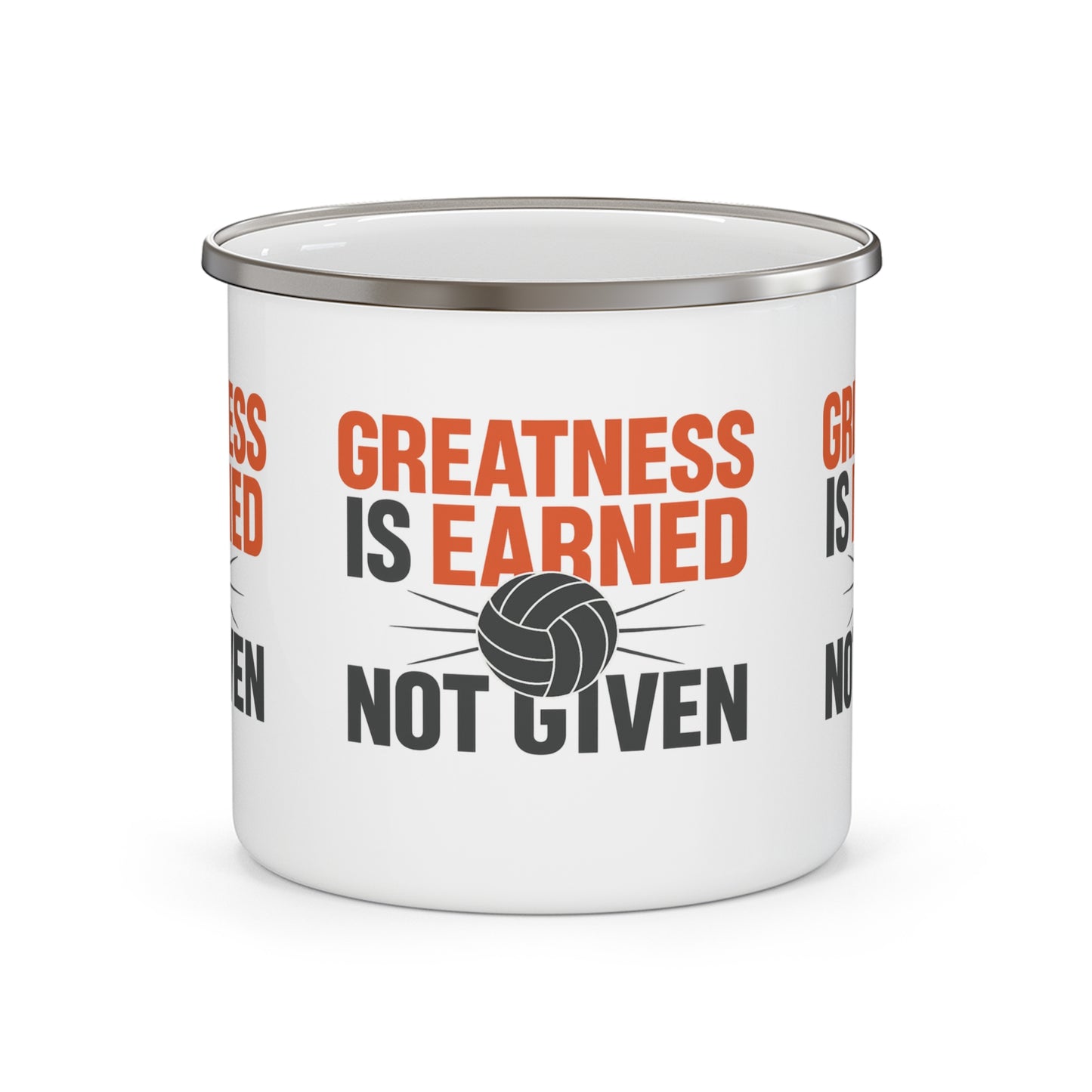 Greatness Is Earned Not Given enamel mug with volleyball graphic