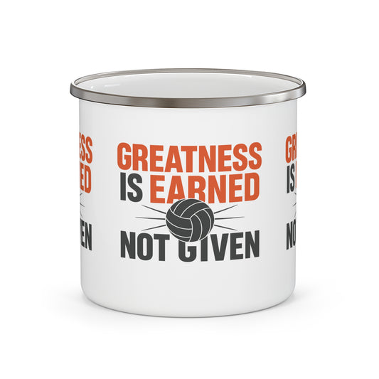 Greatness Is Earned Not Given enamel mug with volleyball graphic