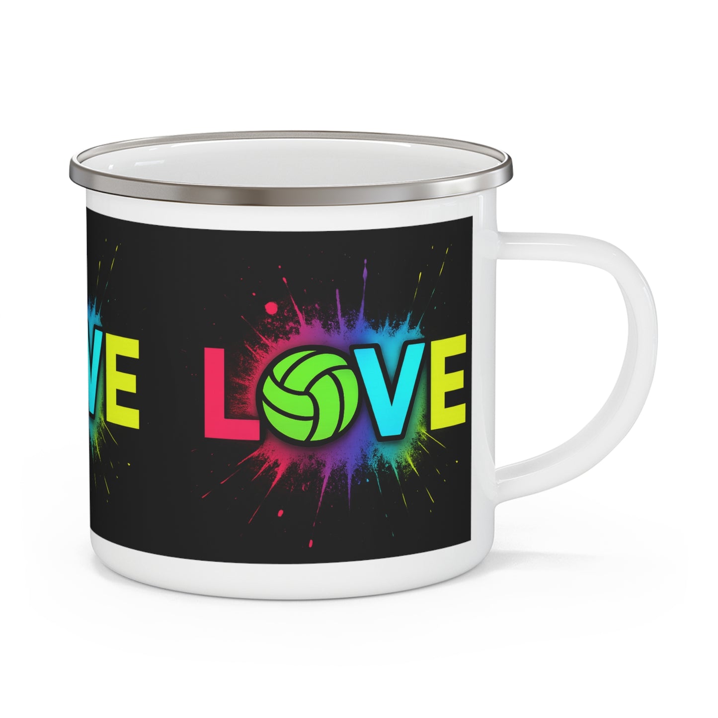 Close-up of neon volleyball graphic on Love Volleyball enamel cup