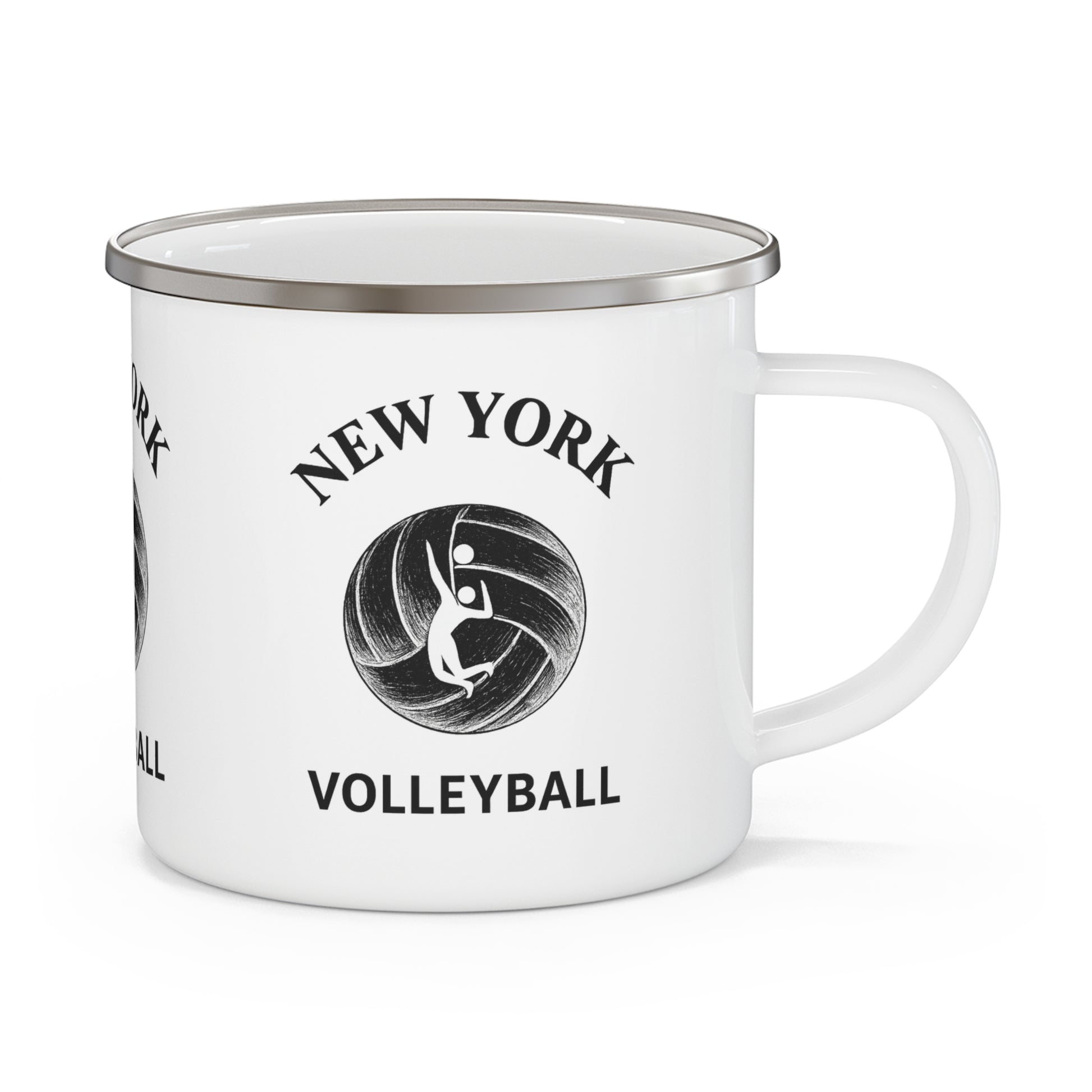 Volleyball-themed enamel mug with NYC-inspired artwork
