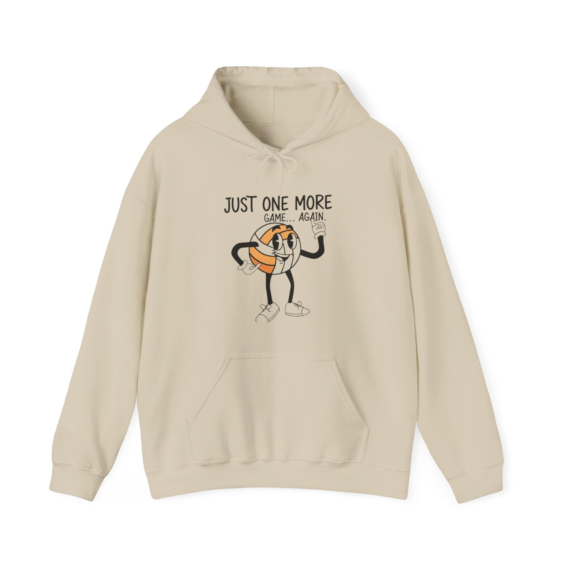 Volleyball hoodie with “Just One More Game… Again” print