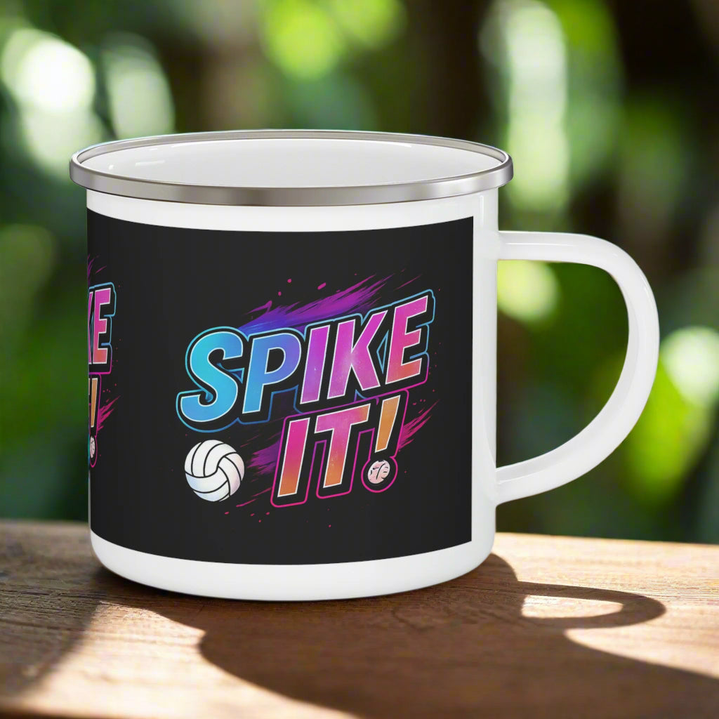 Durable black enamel mug featuring bold volleyball graphic