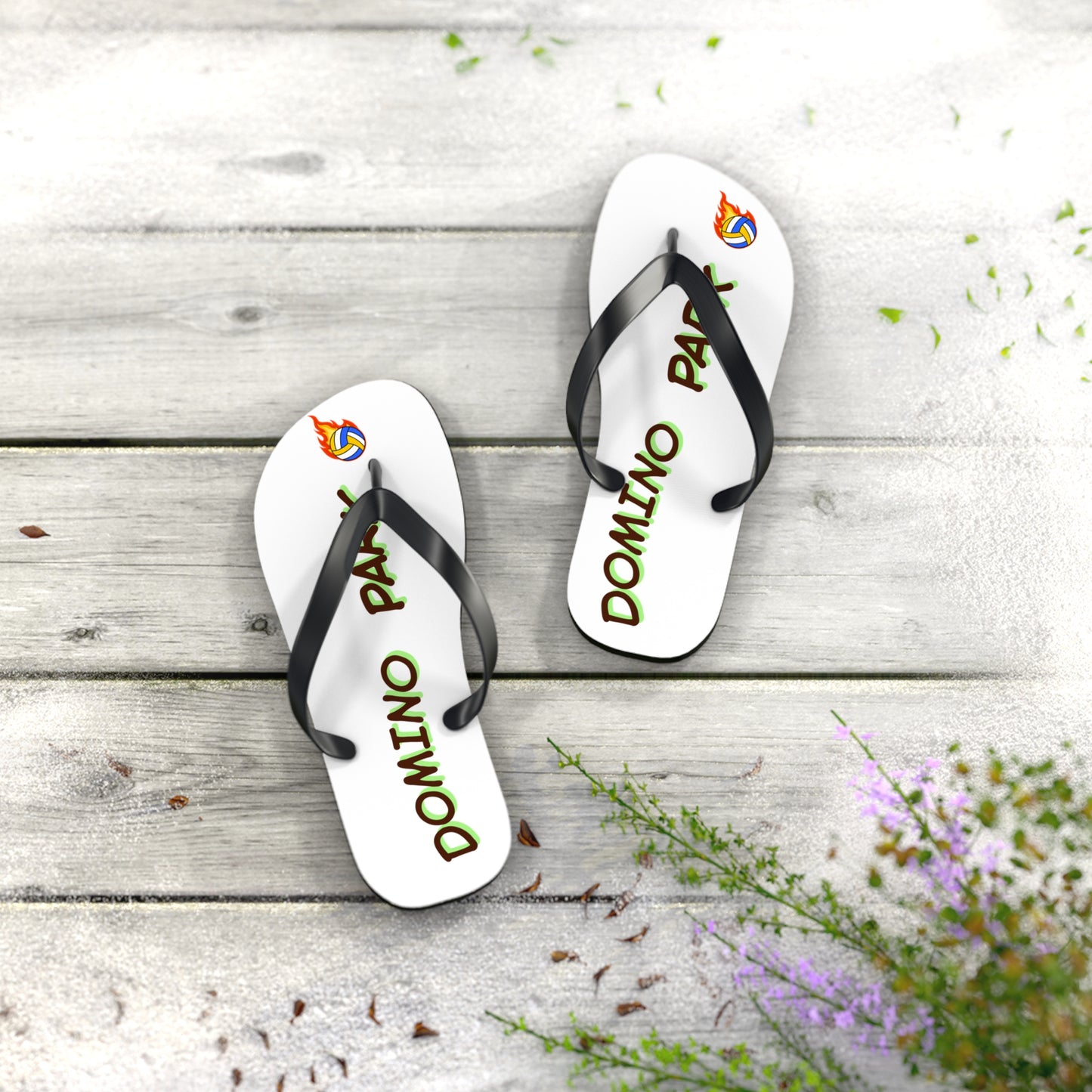 Domino Park Volleyball flip flops featuring bold typography