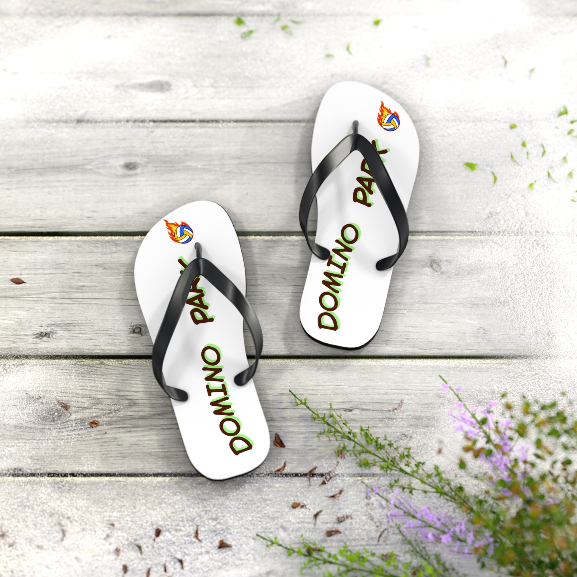 Domino Park Volleyball flip flops featuring bold typography