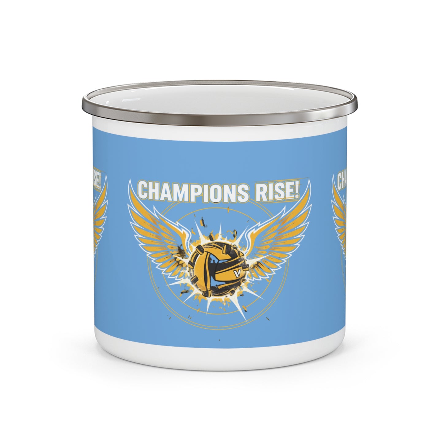 Champions Rise enamel mug with winged volleyball graphic