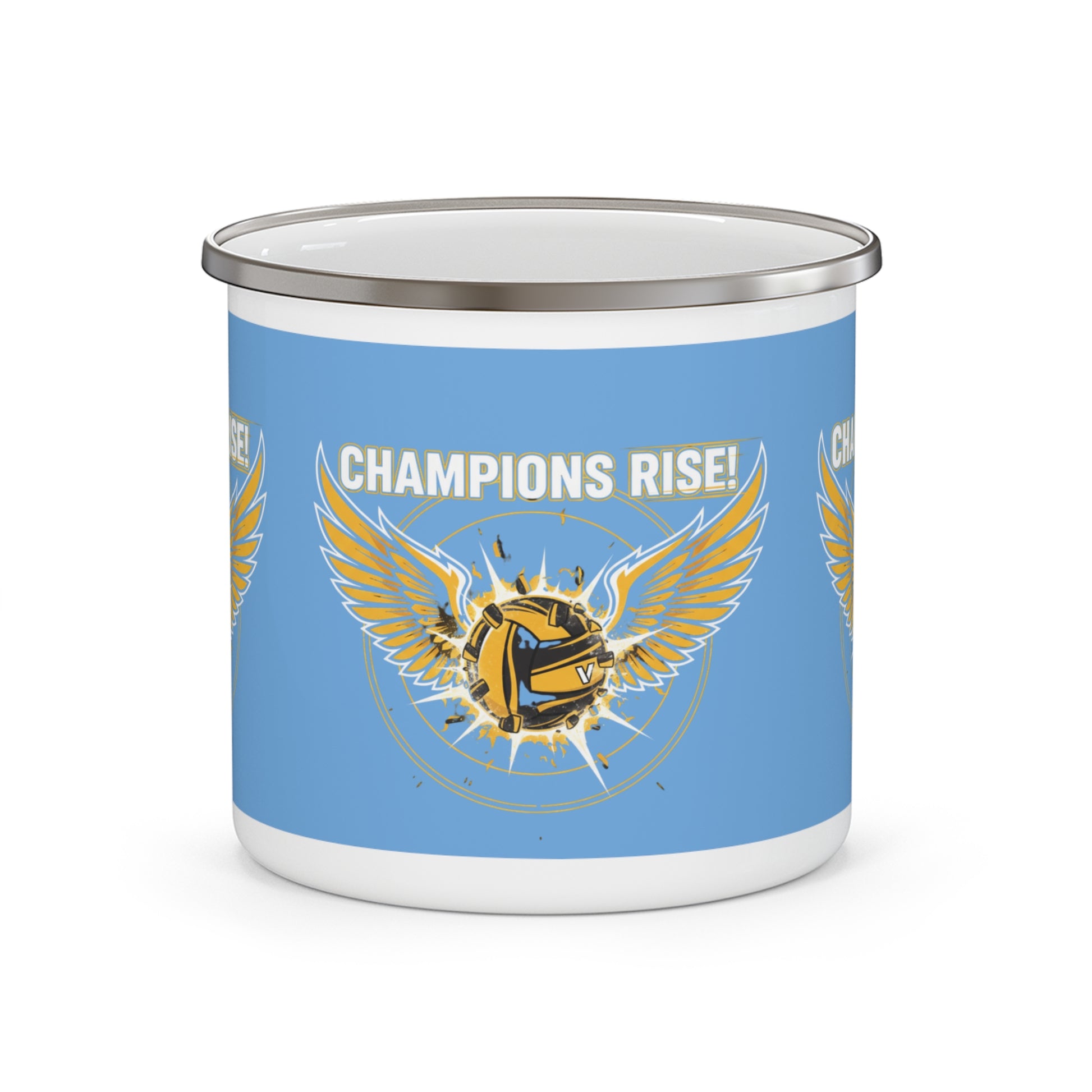 Champions Rise enamel mug with winged volleyball graphic