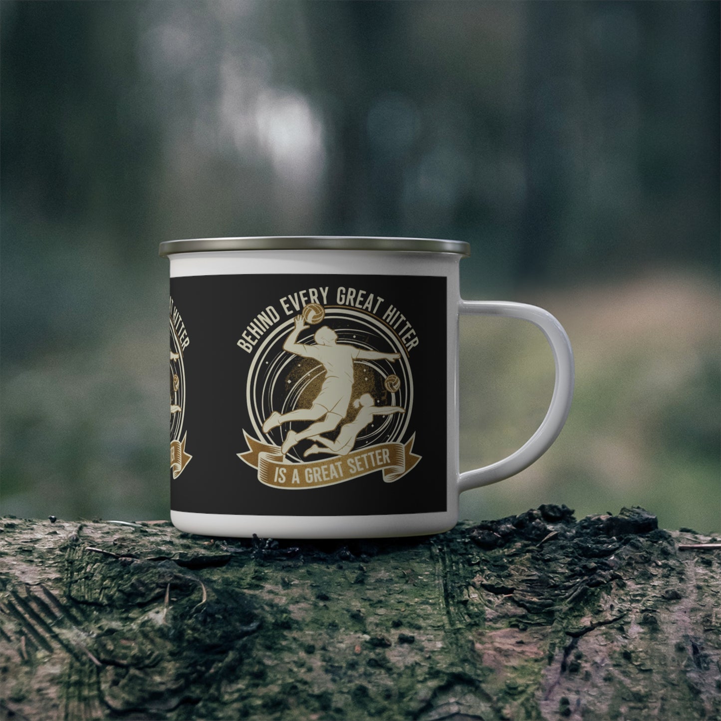 White enamel mug with volleyball design