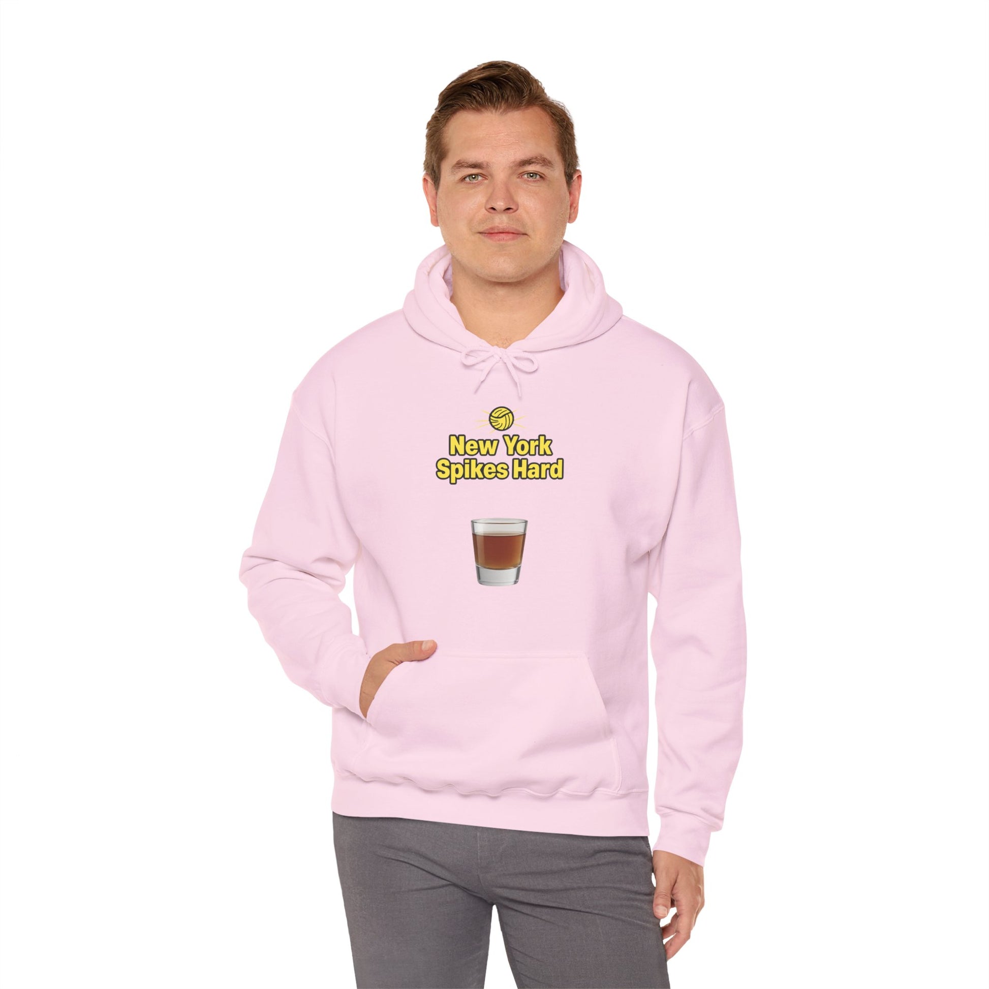 Soft medium-weight hoodie folded with graphic visible.