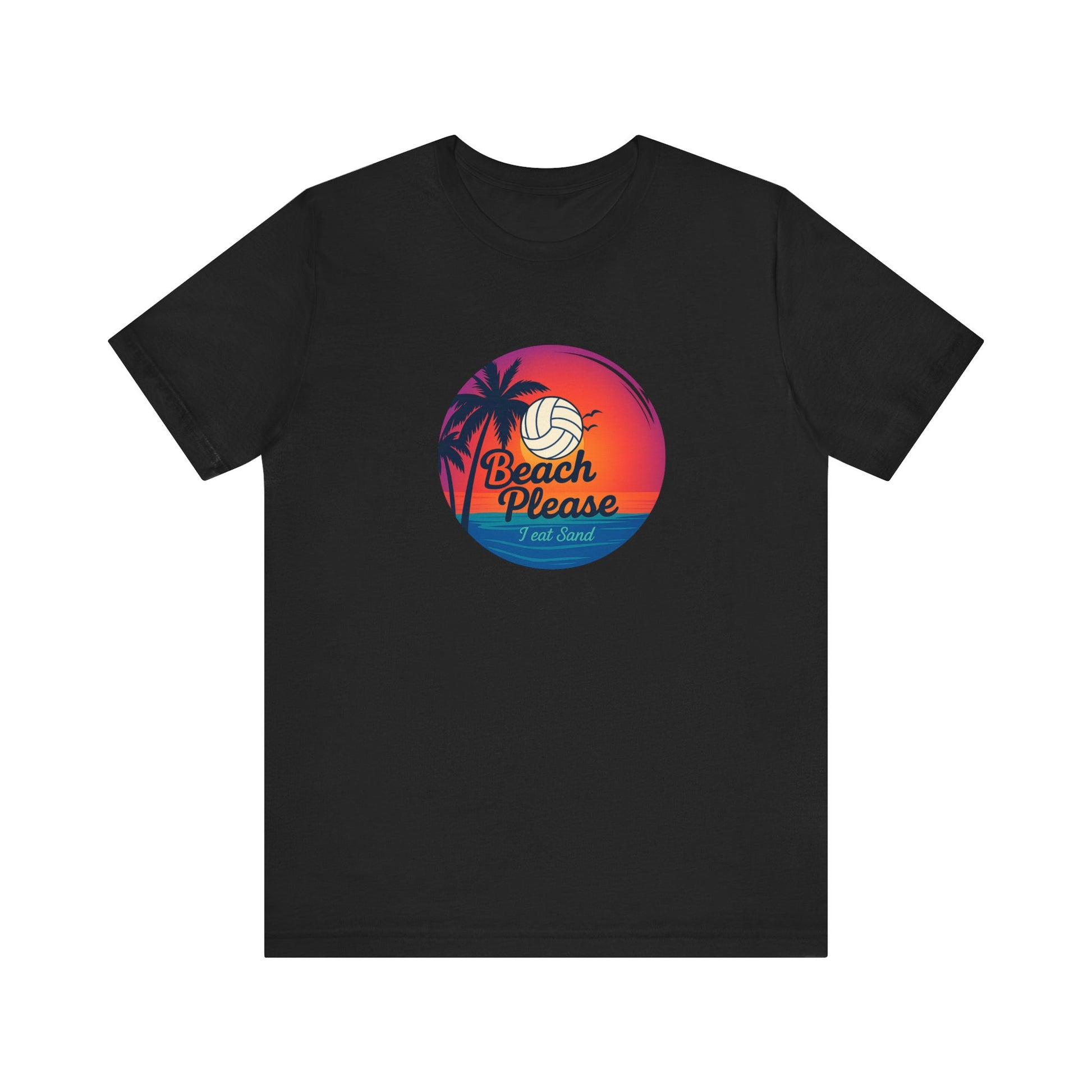 Funny beach volleyball t-shirt with sunset, palm tree, and volleyball graphic
