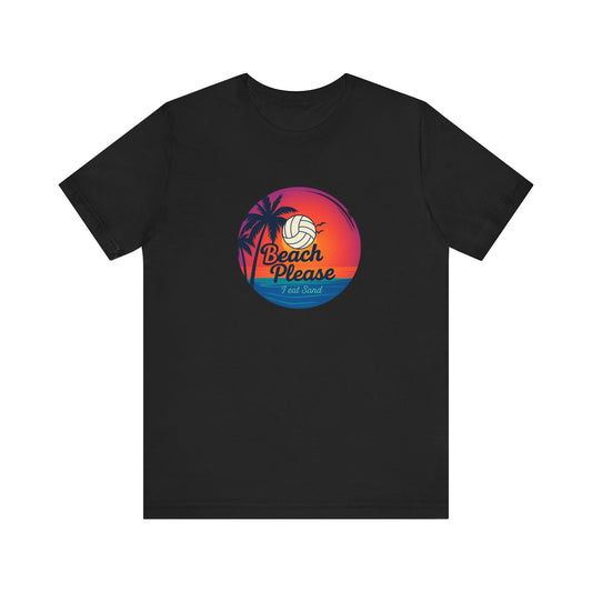 Funny beach volleyball t-shirt with sunset, palm tree, and volleyball graphic
