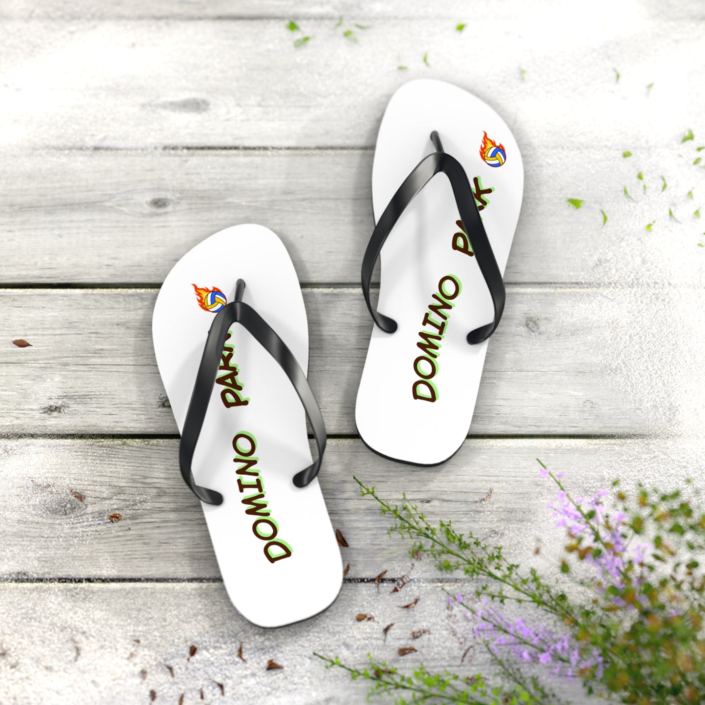 Volleyball flip flops showcasing Domino Park Volleyball text