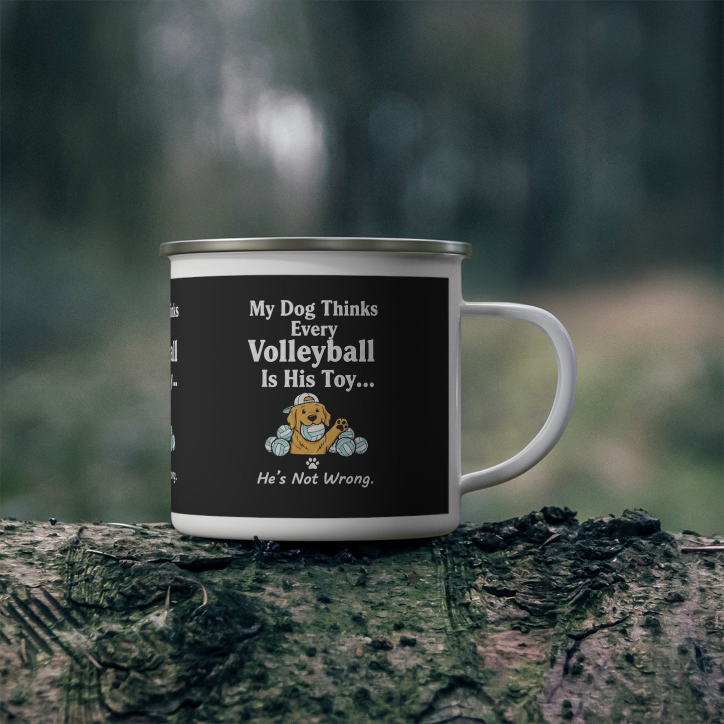 Dog-and-volleyball illustration with small He’s Not Wrong text on mug.