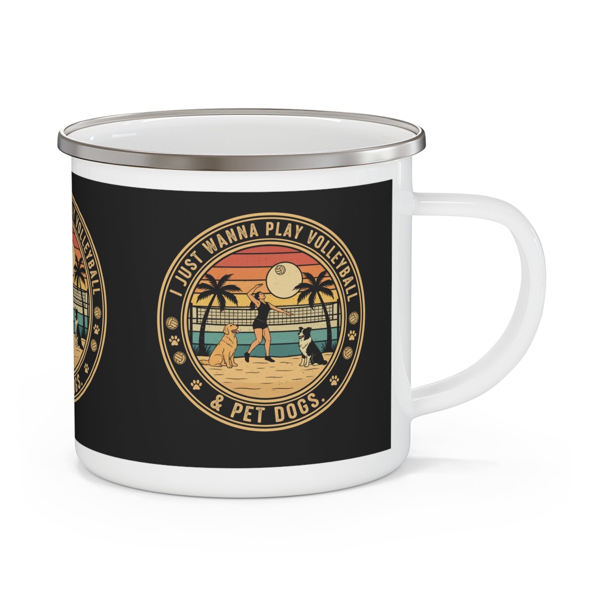Volleyball and dog slogan printed on enamel mug.