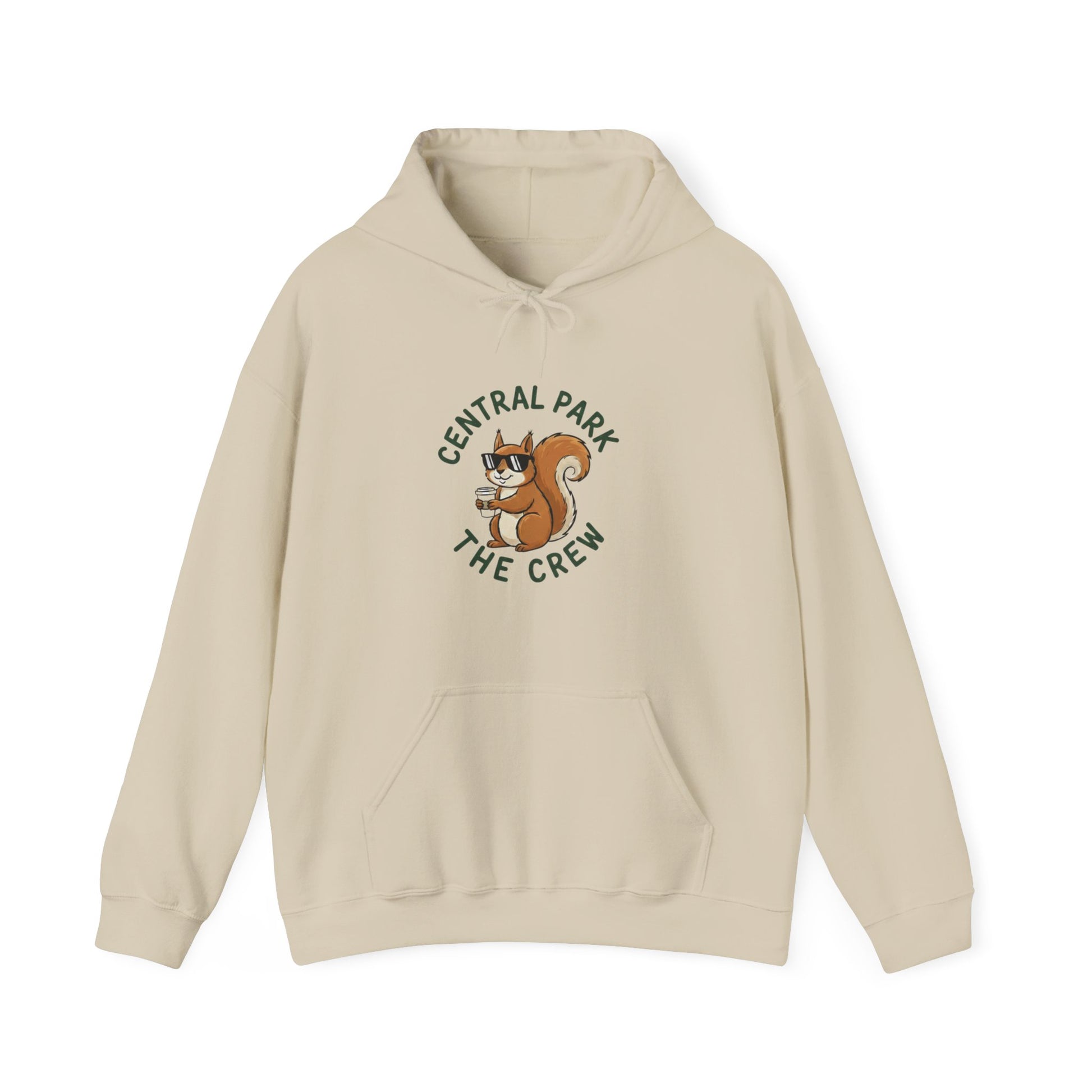 Central Park squirrel hoodie with sunglasses and coffee graphic