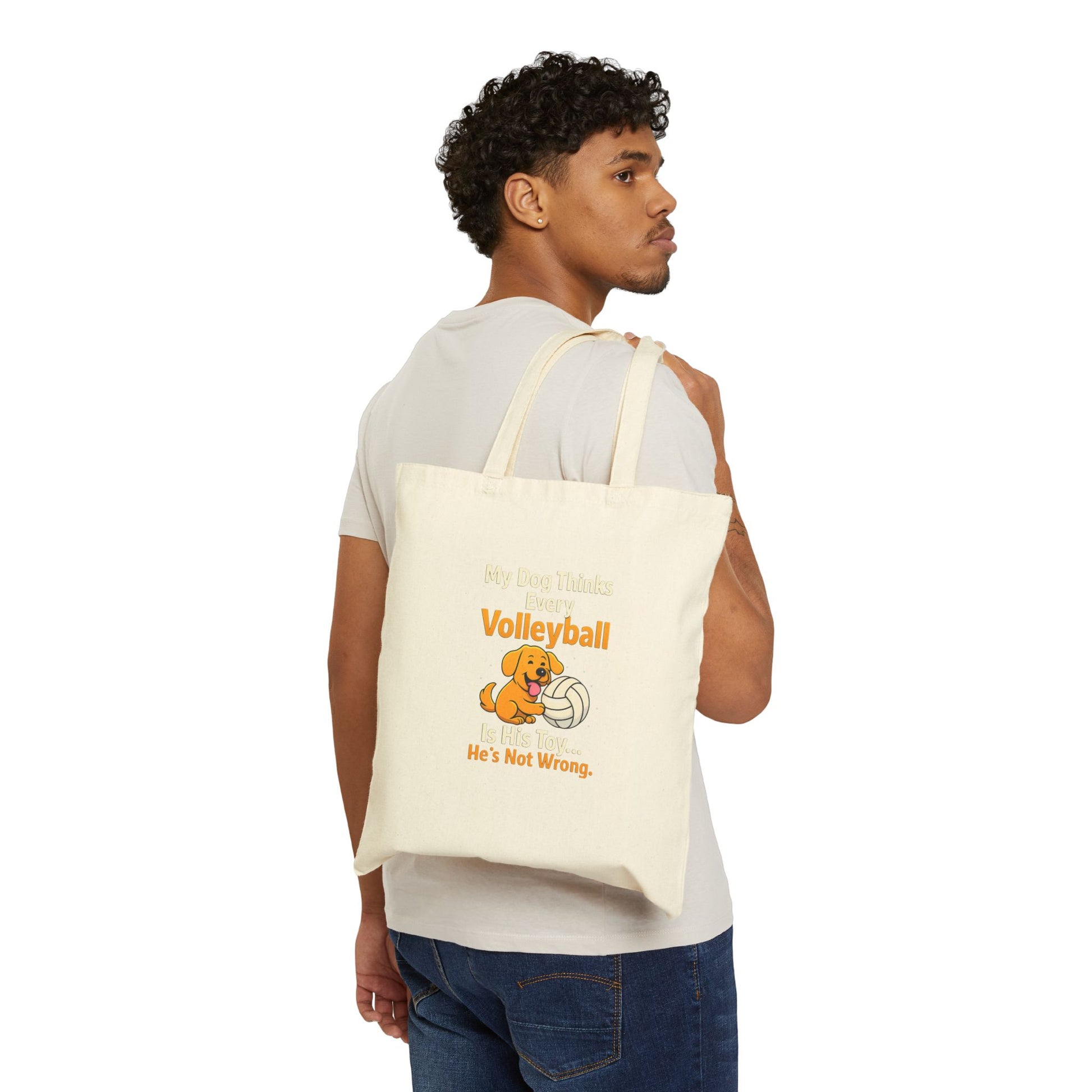 humorous volleyball tote bag with dog theme