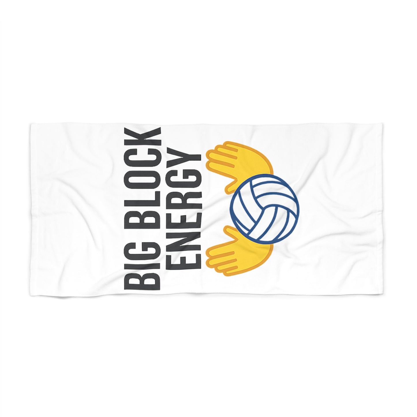 Big Block Energy towel with volleyball and blocking hands graphic