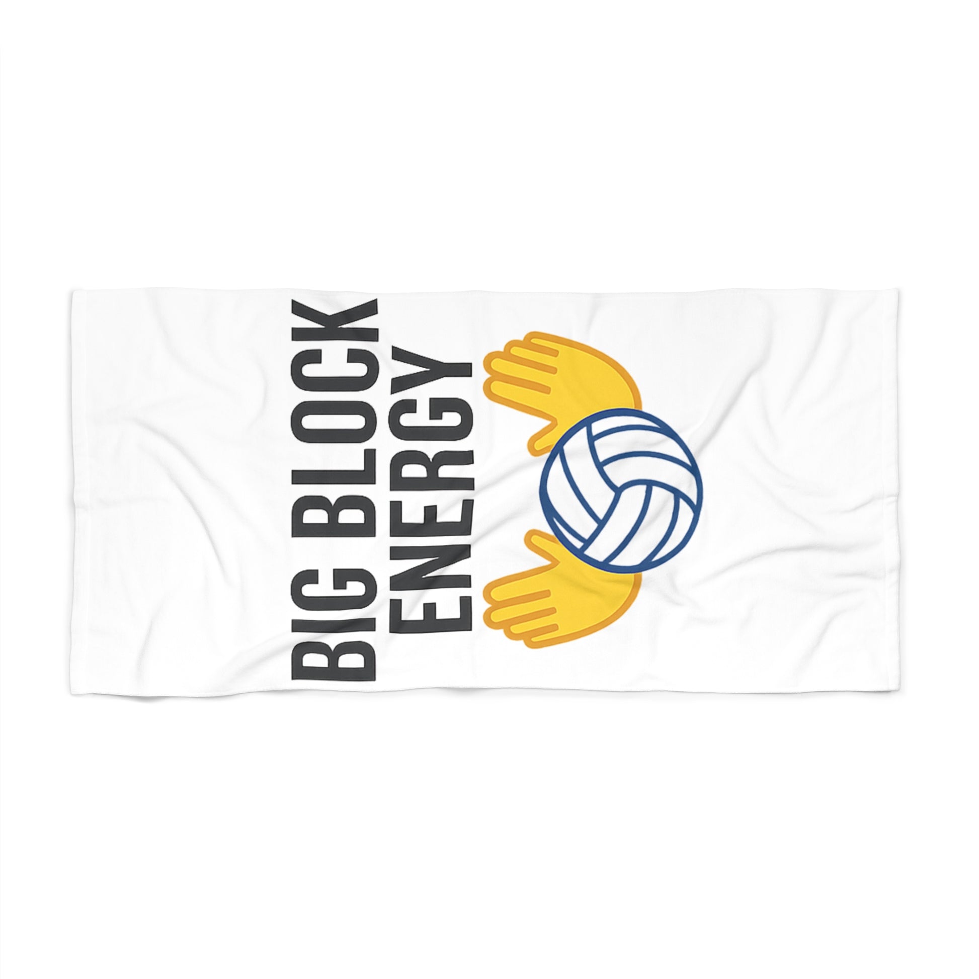 Big Block Energy towel with volleyball and blocking hands graphic